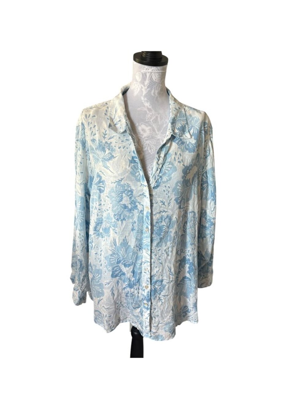 Sigrid Olsen Linen Top Womens Floral Blue Long Sleeve Size 3XL